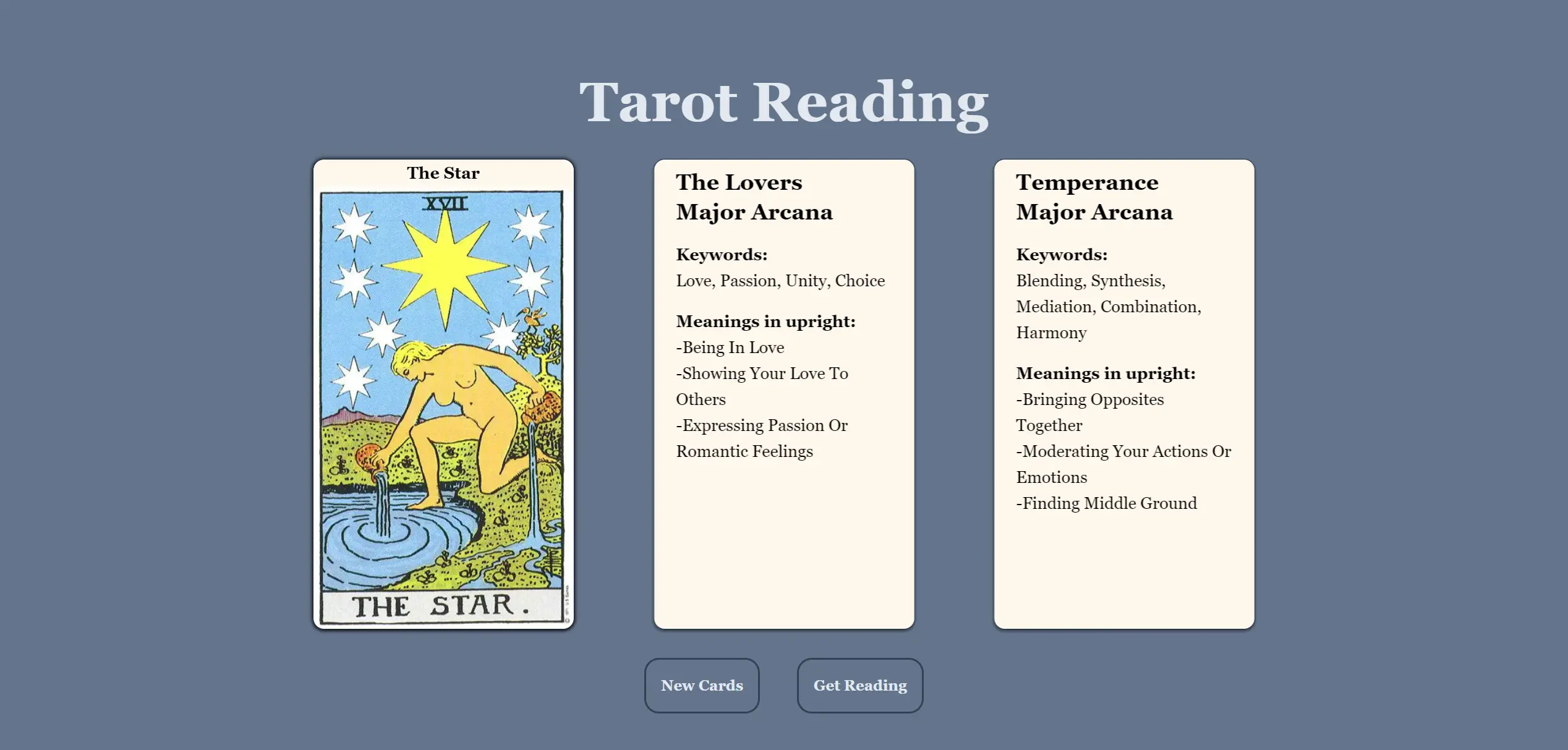 A Tarot card reading simulator, showing card descriptions
